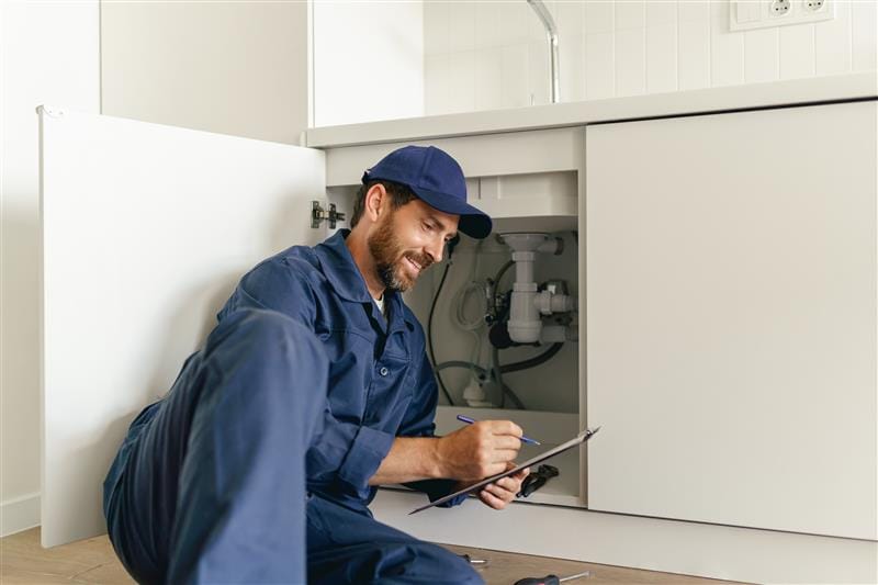 Residential plumber reviewing plumbing repairs in a Indio kitchen
