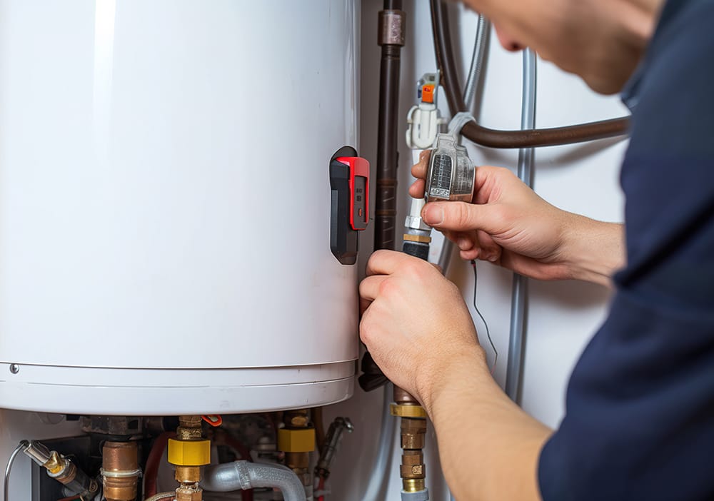 Technician repairing pipes connected to a water heater in Indio
